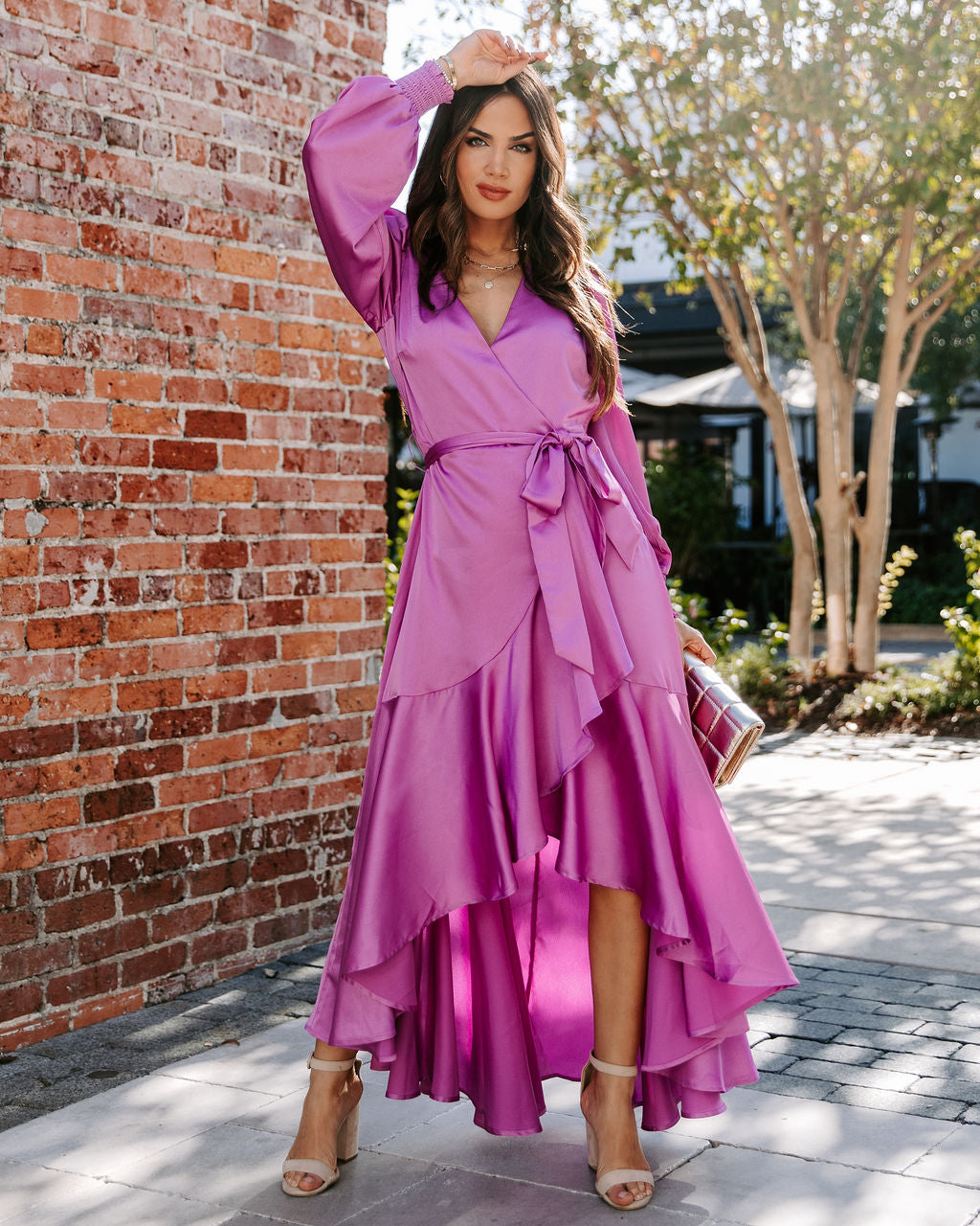 Irresistible Desire Satin Ruffle Maxi Dress - Fuchsia