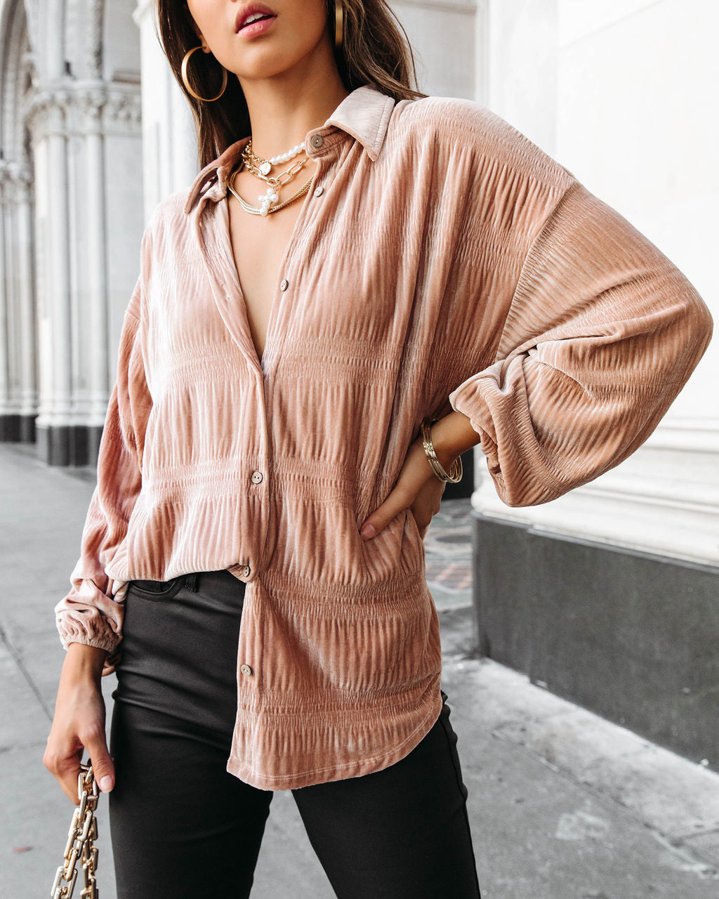 Bette Textured Velvet Button Down Top - Champagne