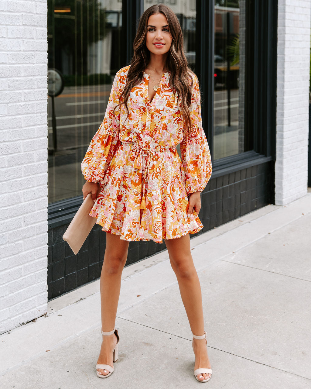 Groovy Doll Floral Adjustable Balloon Sleeve Dress