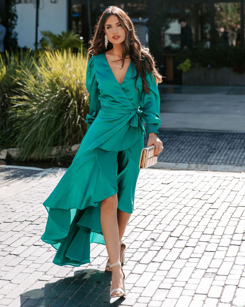 Irresistible Desire Satin Ruffle Maxi Dress - Emerald