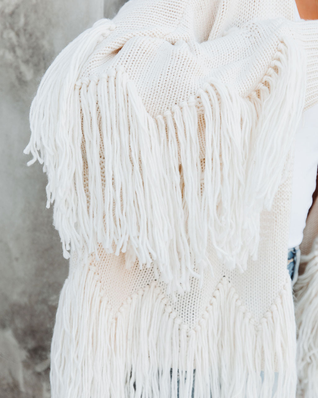 Spruce Fringe Knit Cardigan - Powder Beige