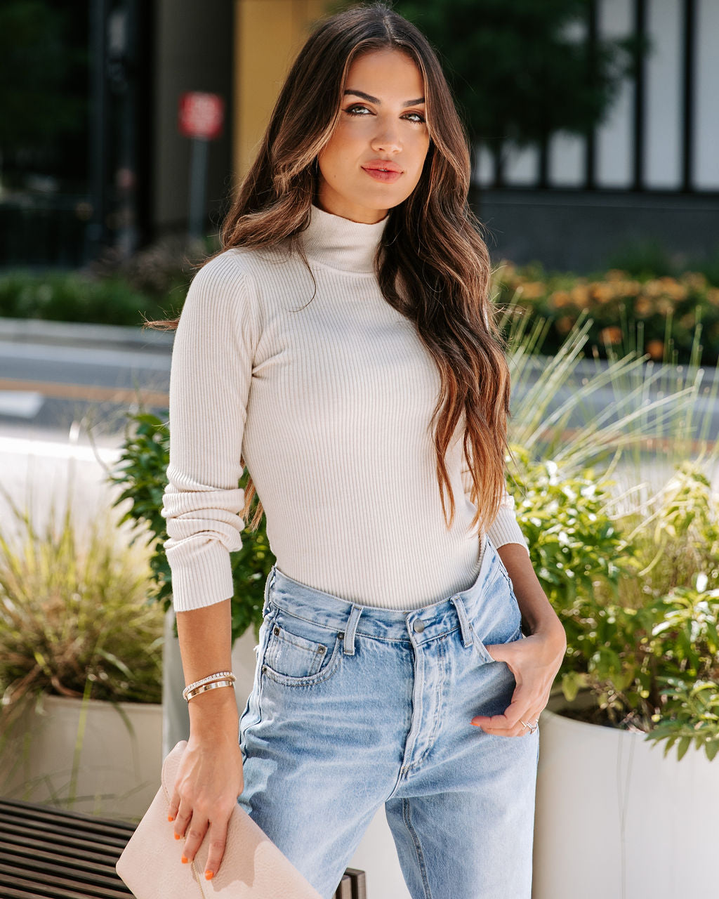 Tell Me About It Ribbed Mock Neck Long Sleeve Top - Oatmeal - FINAL SALE