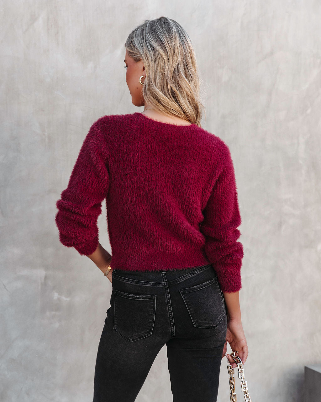 Apple Of My Eye Fuzzy Knit Sweater - Burgundy