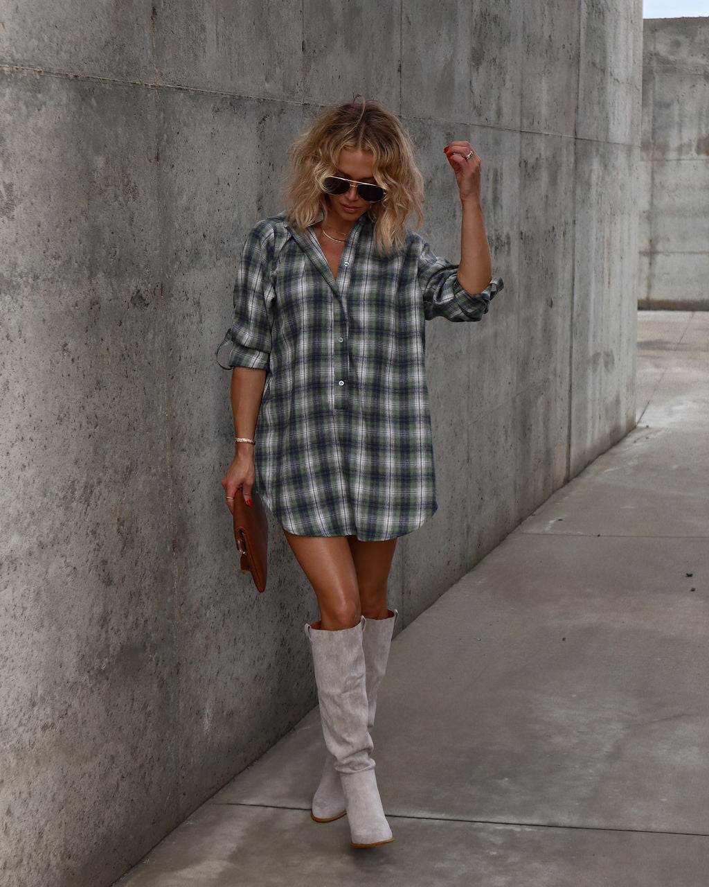 Averie Plaid Pocketed Shirt Dress - Green