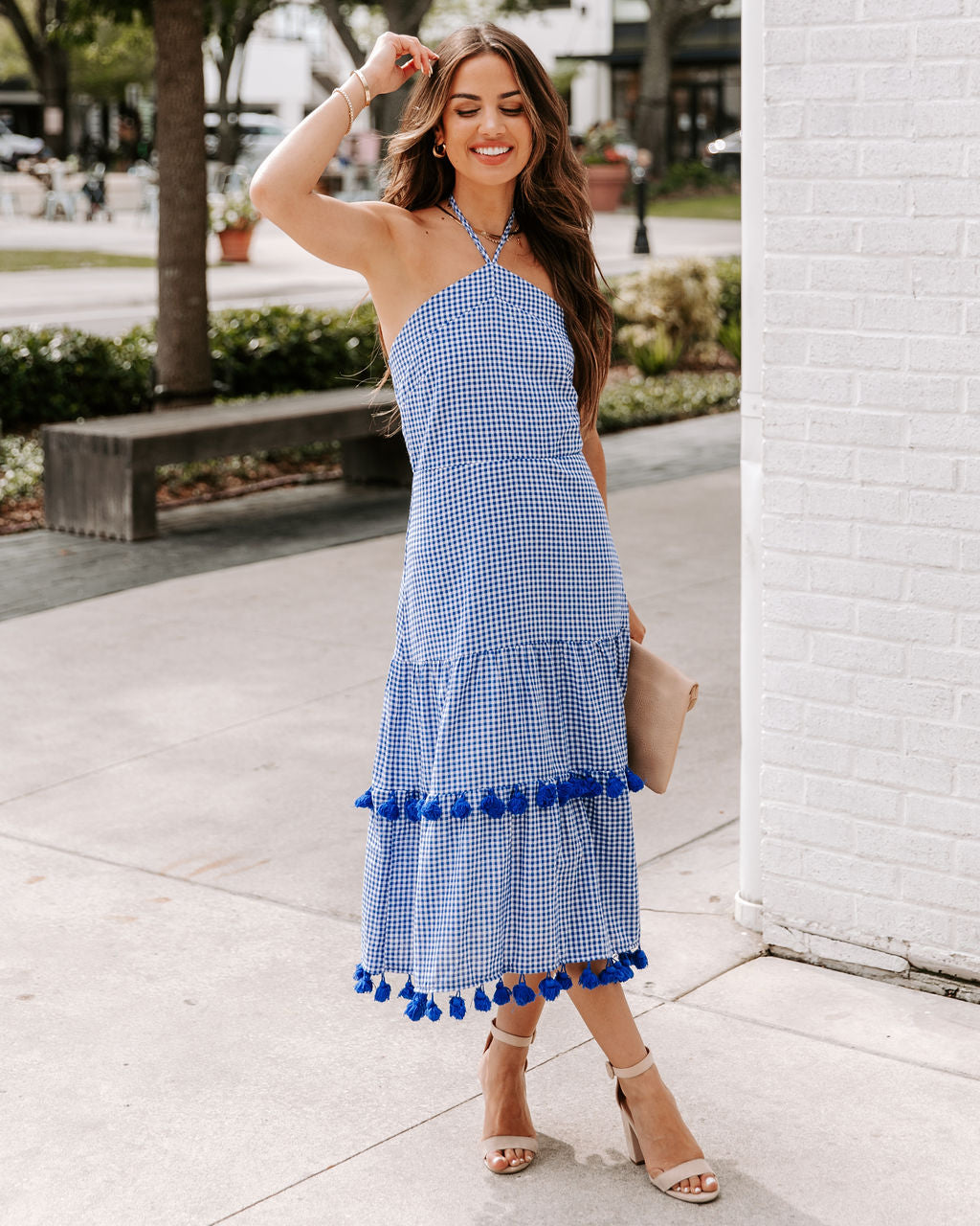 Pom Cotton Gingham Halter Midi Dress - Blue - SALE