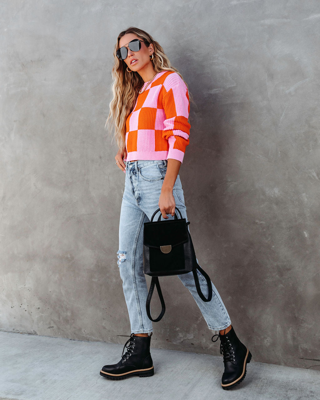 Morris Checkered Pullover Sweater - Pink/Orange Combo