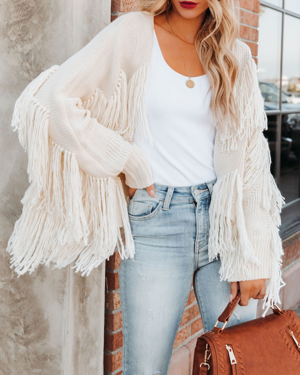 Spruce Fringe Knit Cardigan - Powder Beige