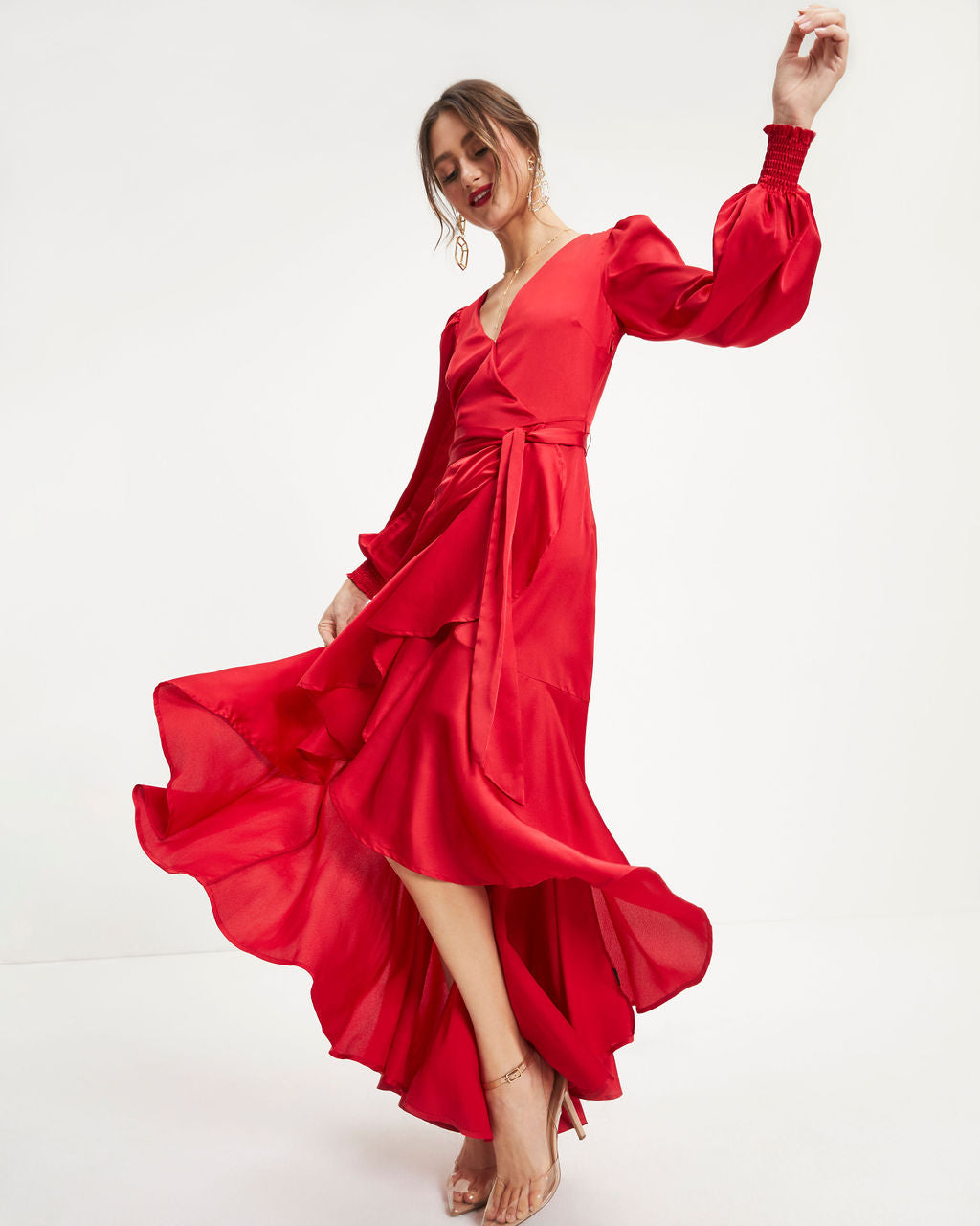 Irresistible Desire Satin Ruffle Maxi Dress - Red