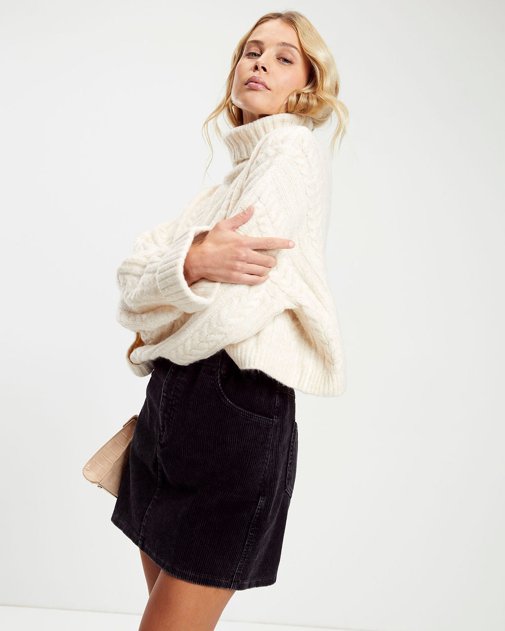 Georgie Cable Knit Turtleneck Pullover Sweater - Ivory
