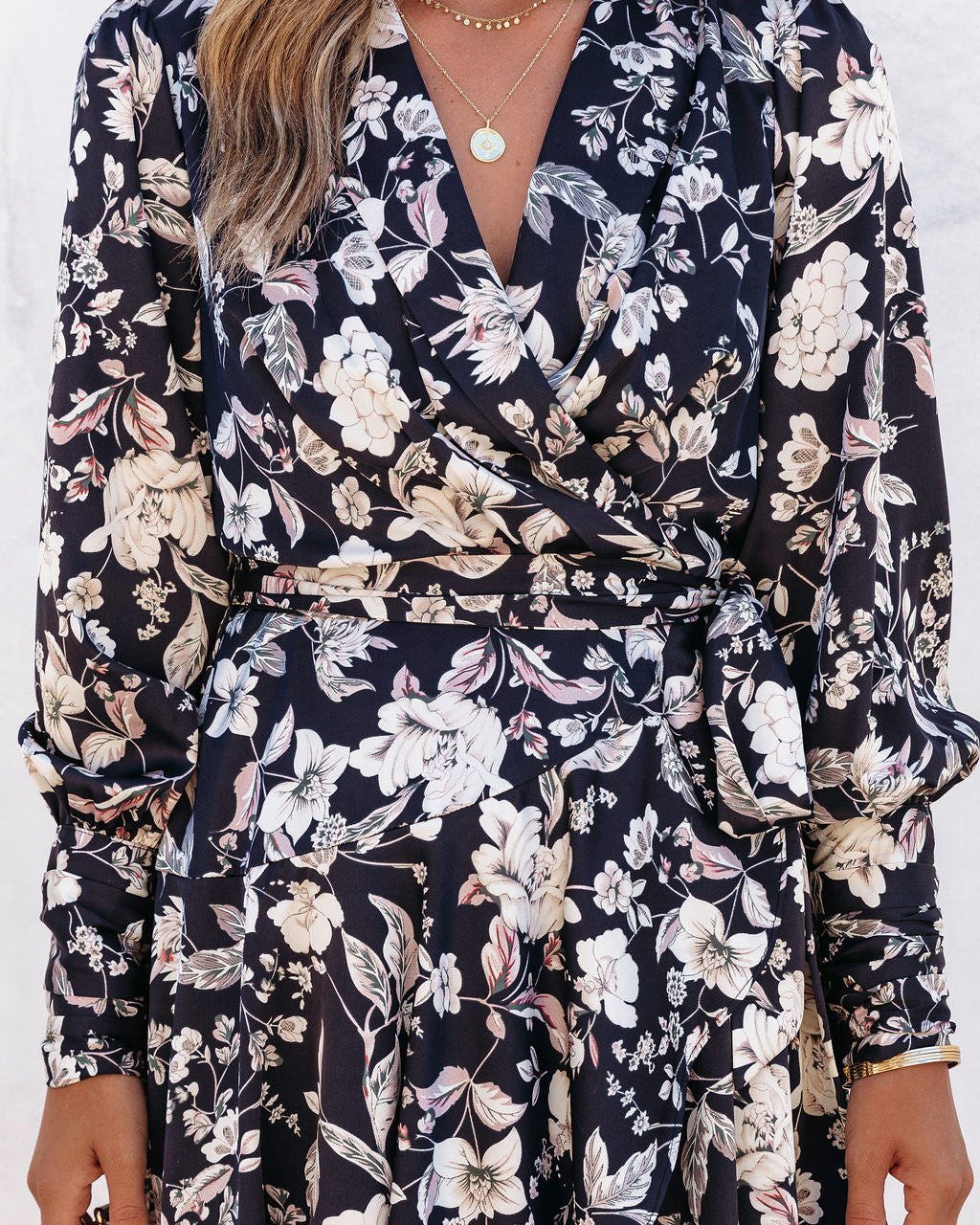 Let It Bloom Satin Floral Drape Mini Dress