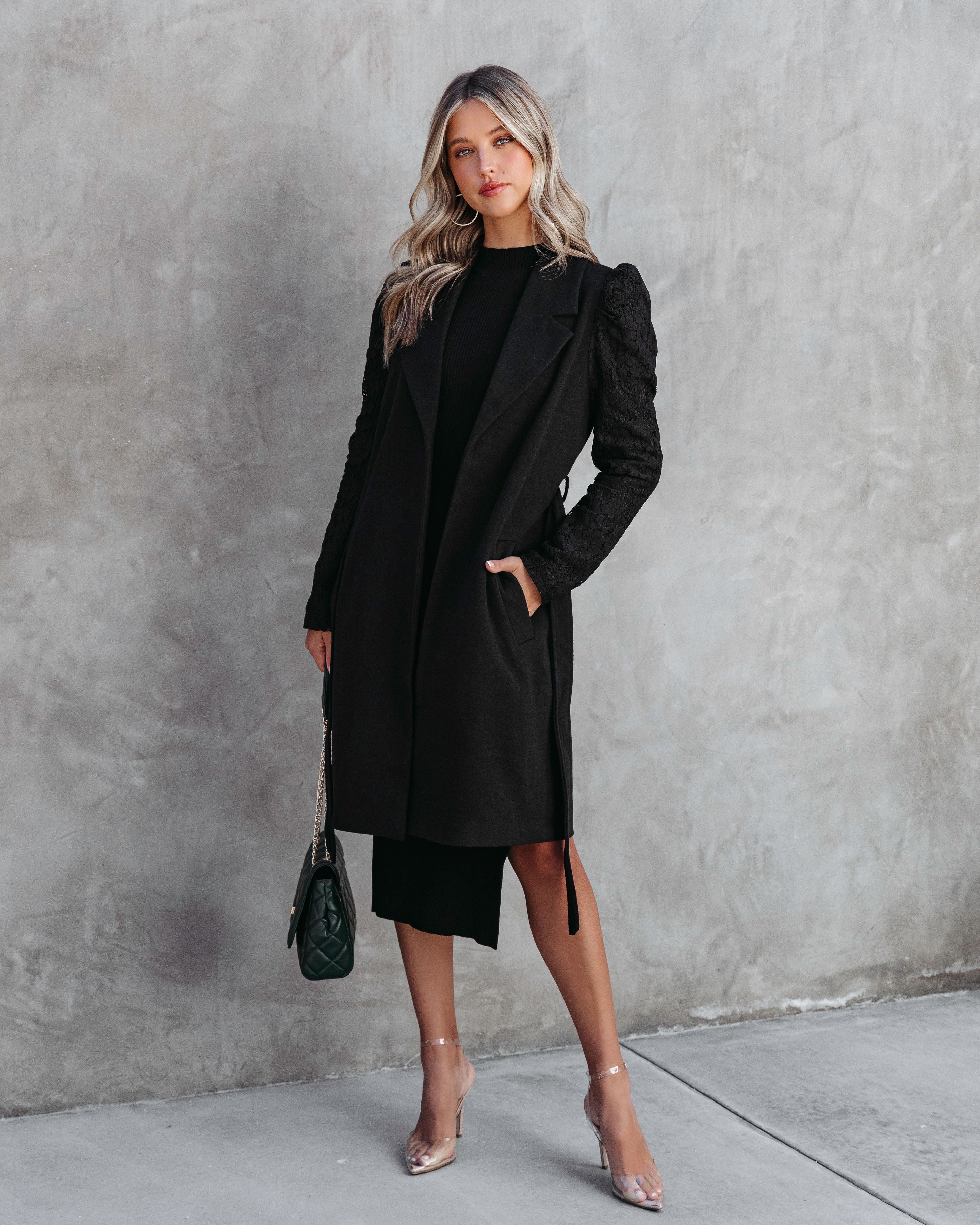 Eileen Pocketed Lace Sleeve Coat - Black