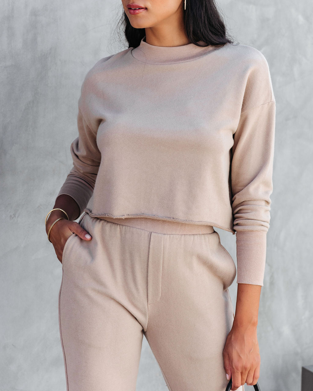 Airport Glam Cotton Mock Neck Long Sleeve Top - Camel
