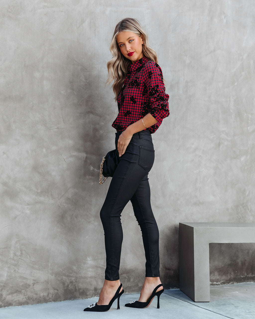 Courtney Checkered Floral Button Down Top - Red