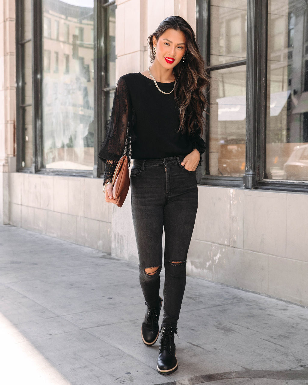 Before The Dawn Lace Sleeve Sweater - Black