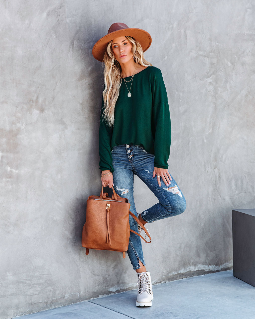 Jenna Boat Neck Long Sleeve Top - Hunter Green