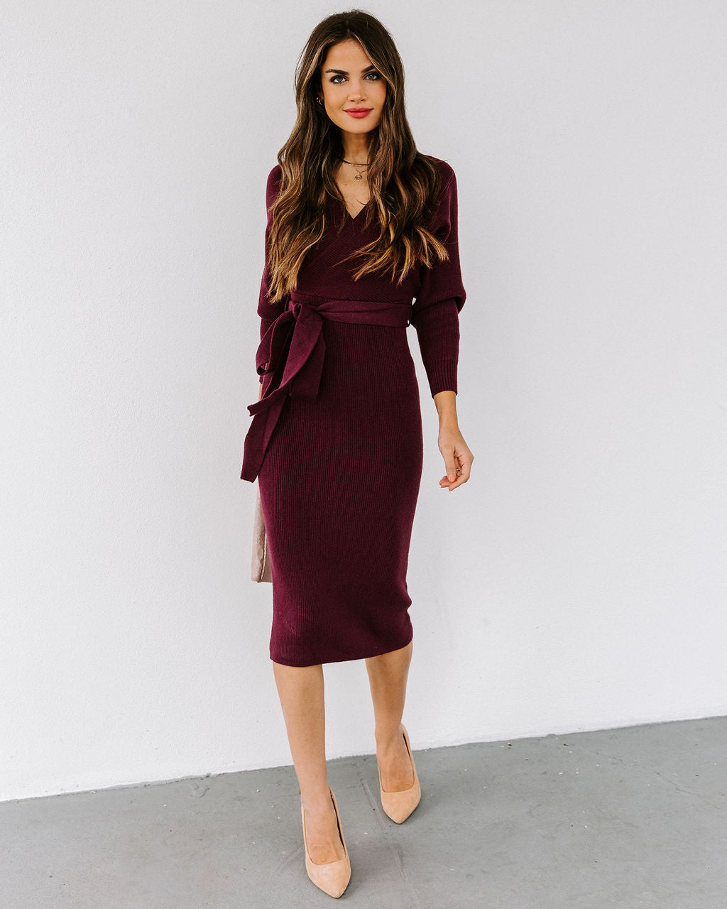 Yara Drape Knit Midi Sweater Dress - Plum