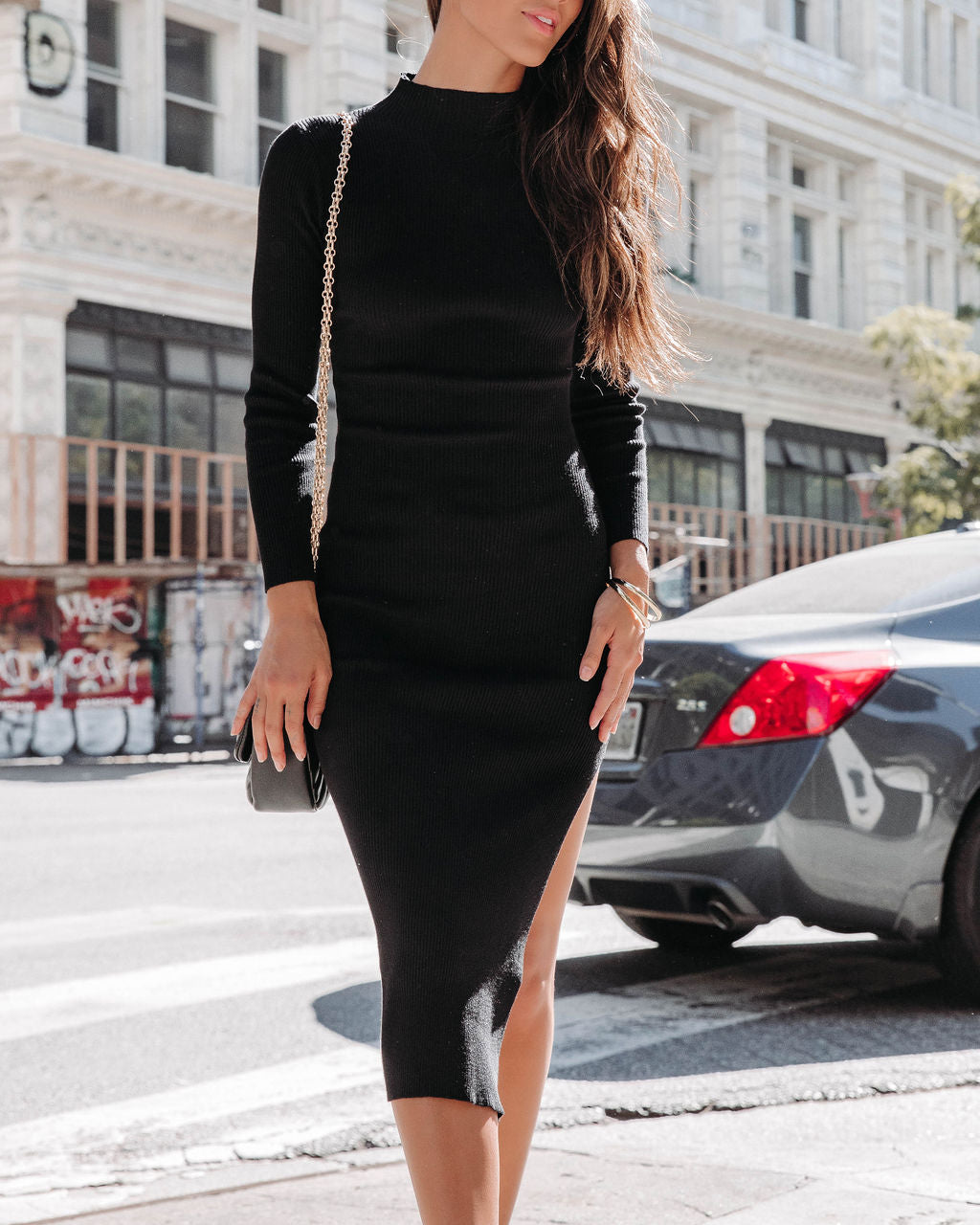 Hold That Thought Ribbed Mock Neck Midi Dress - Black