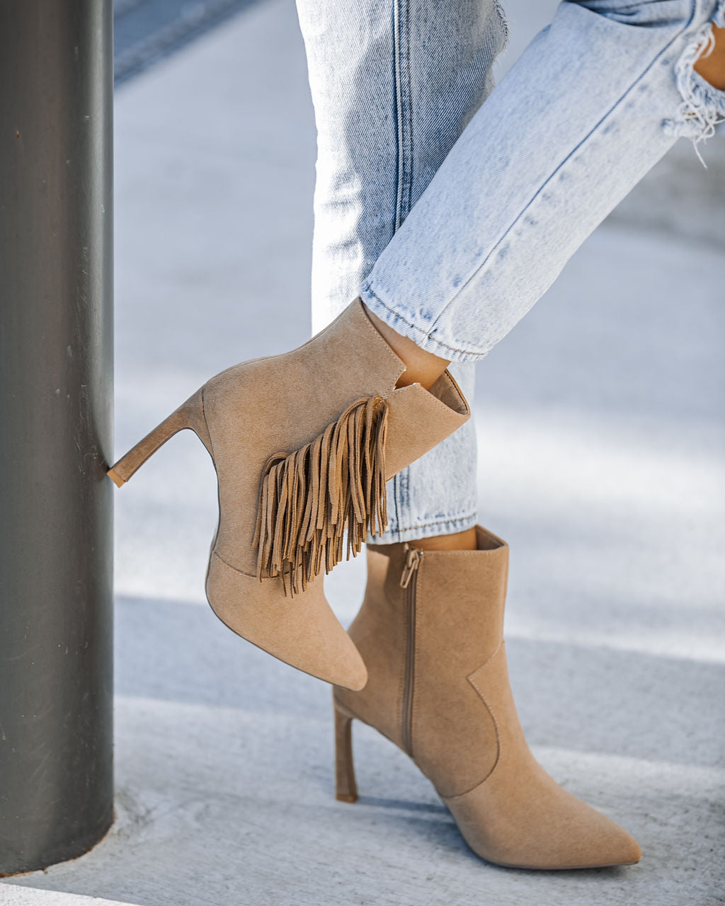 Chrissy Faux Suede Heeled Fringe Bootie - Khaki
