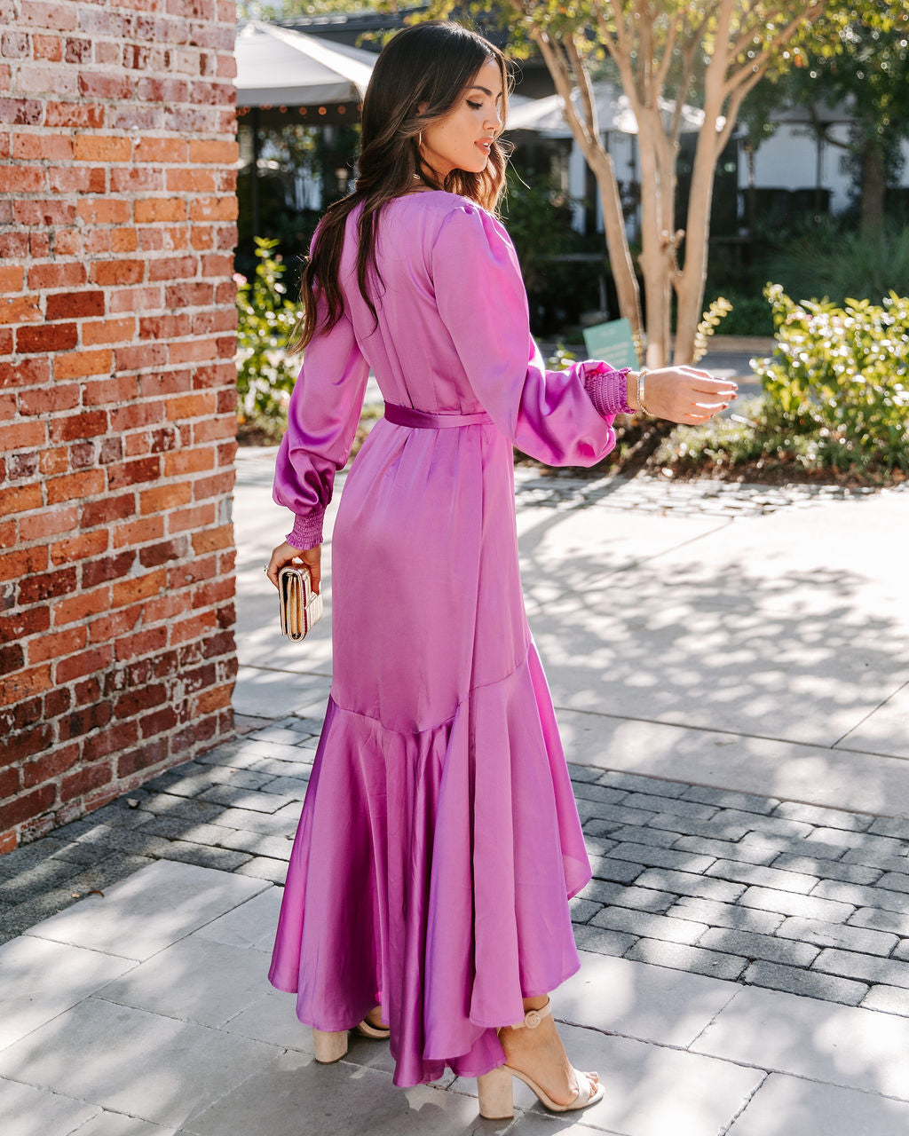 Irresistible Desire Satin Ruffle Maxi Dress - Fuchsia