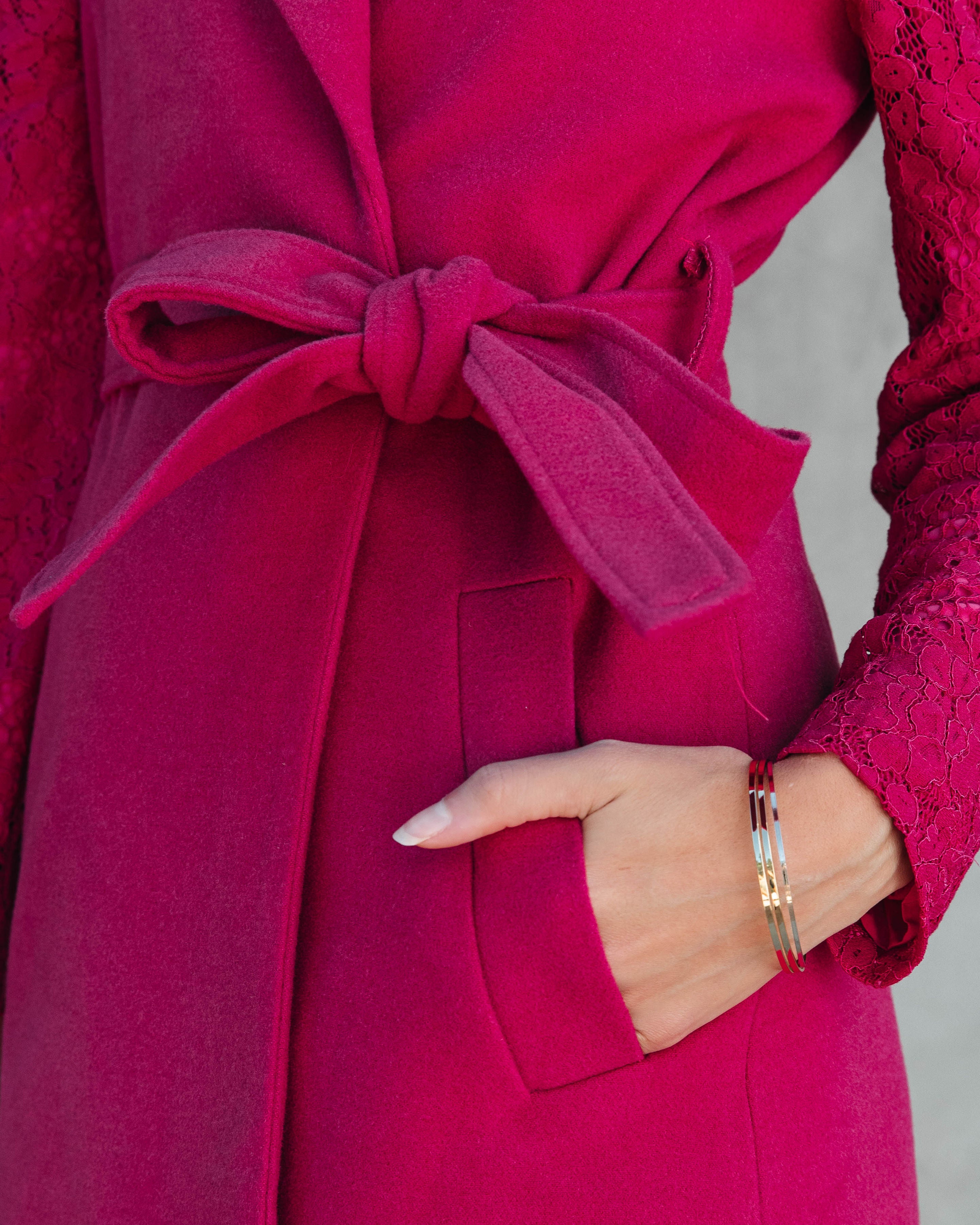 Eileen Pocketed Lace Sleeve Coat - Berry