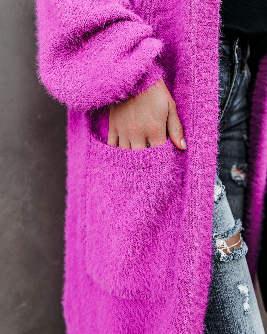 Glorious Pocketed Fuzzy Knit Cardigan - Magenta