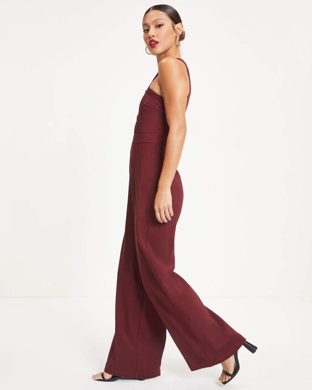 That's Amore Lace Trim Cutout Jumpsuit - Burgundy