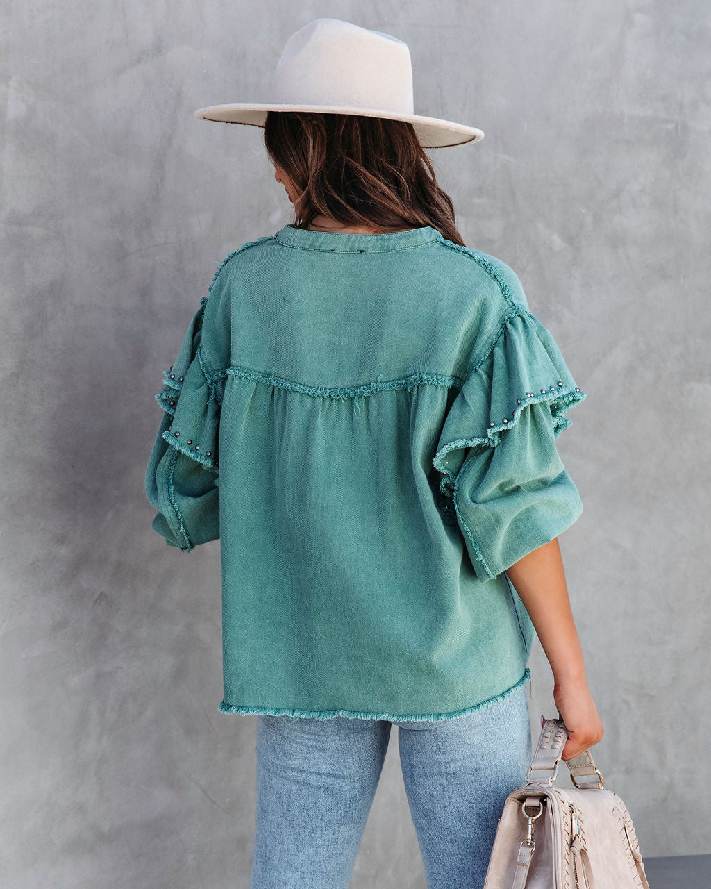 Darcey Denim Studded Frayed Lightweight Jacket - Jade Green - SALE