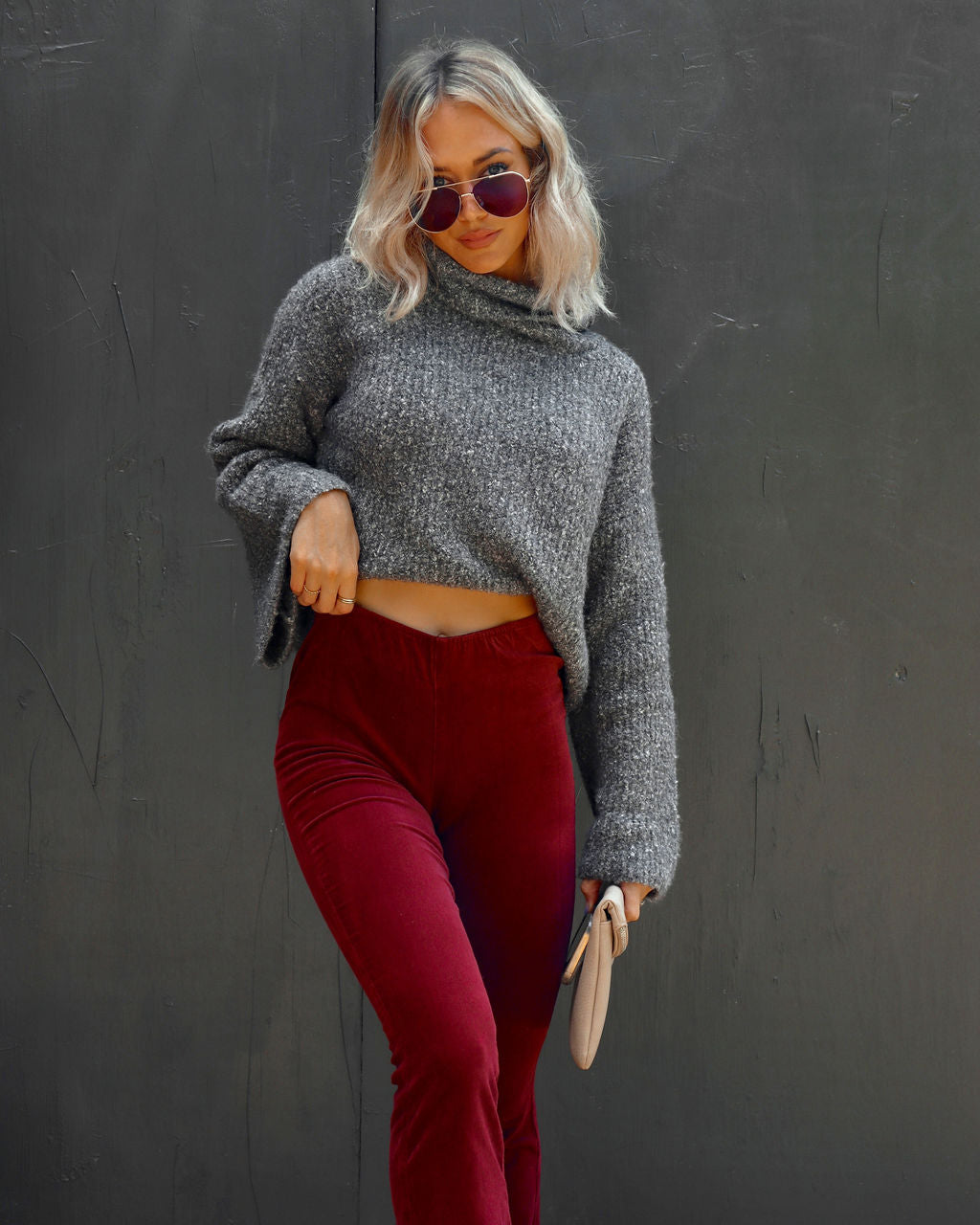 Warmest Wishes Knit Cowl Neck Bell Sleeve Sweater - Grey - SALE