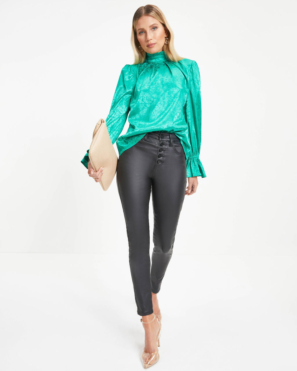 Counting Blessings Floral Mock Neck Ruffle Top - Emerald
