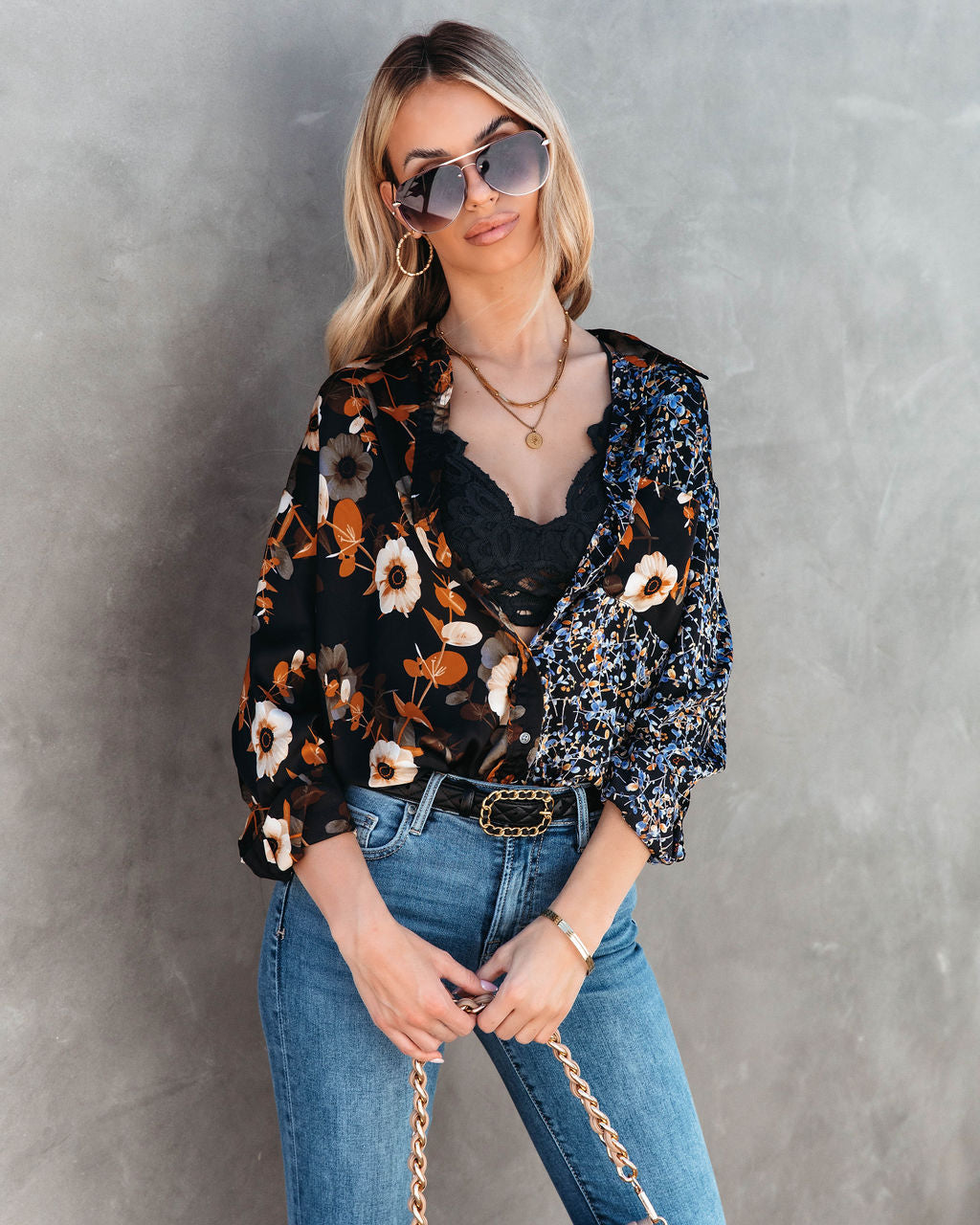 October Botanicals Satin Floral Button Down Top