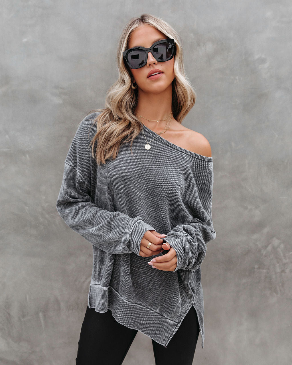 Tahoe Bound Waffle Knit Long Sleeve Top - Charcoal