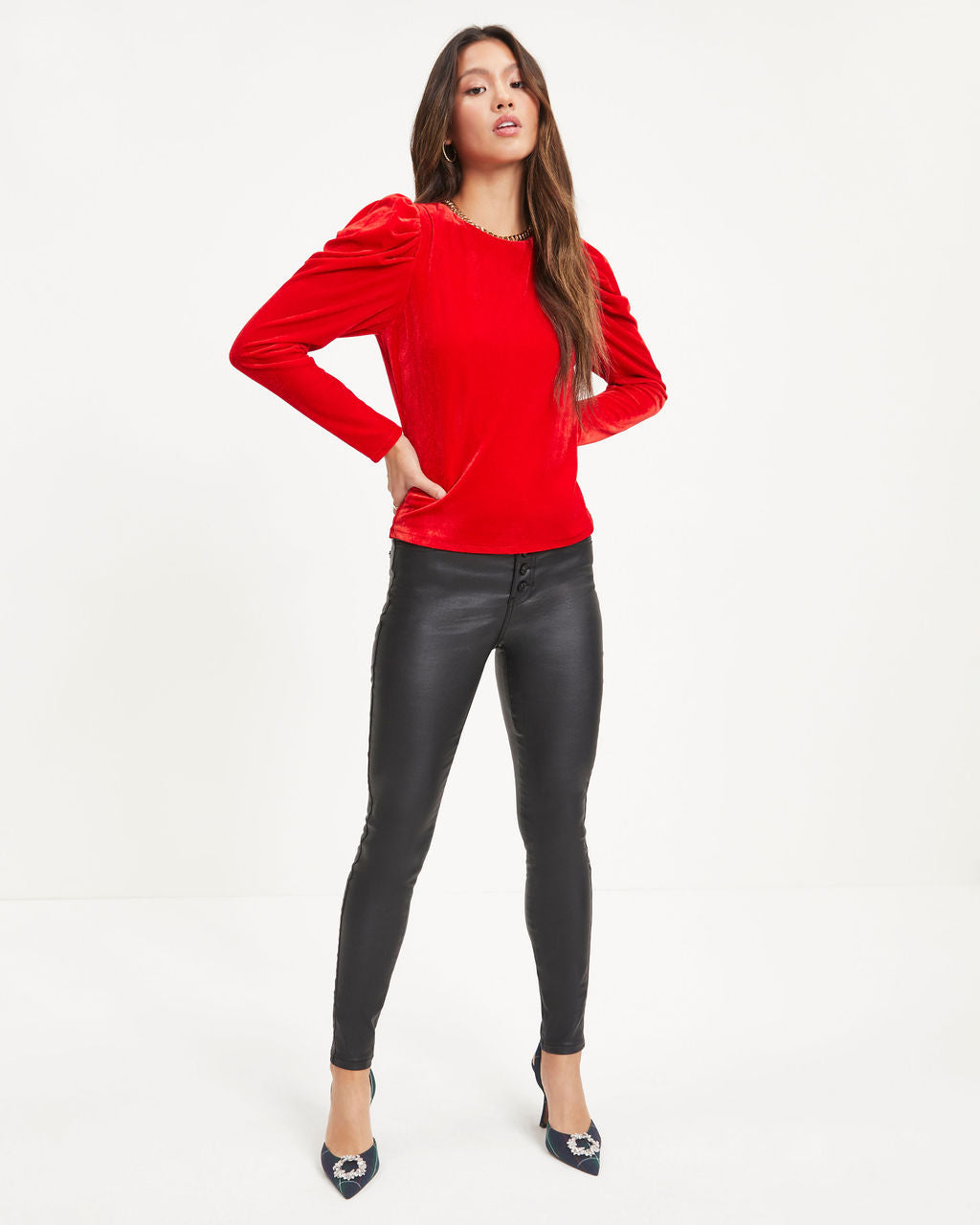 Be Still My Heart Velvet Puff Sleeve Top - Red