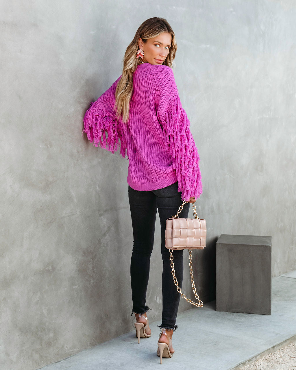 Gabriella Knit Fringe Pullover Sweater- Magenta