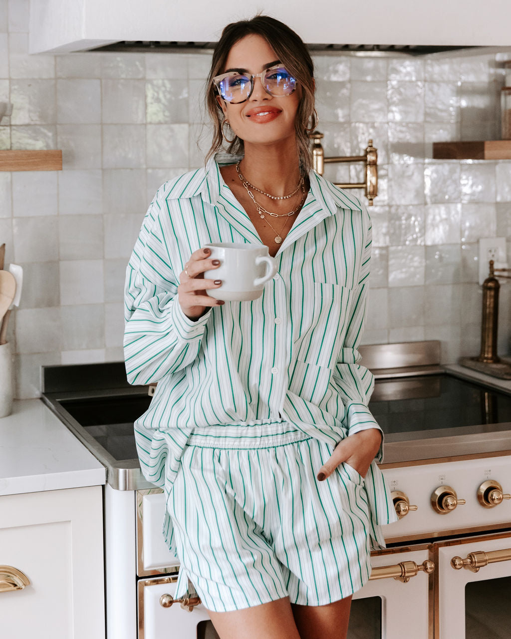Dusk Till Dawn Striped Button Down Top - Green