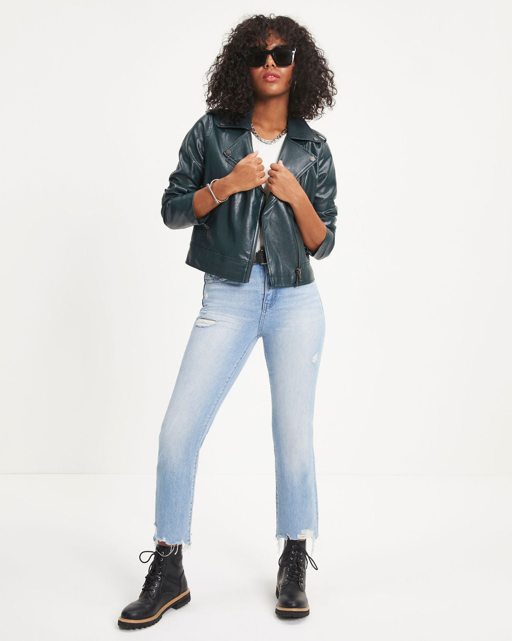 Jingle Bell Rock Pocketed Faux Leather Biker Jacket - Pine