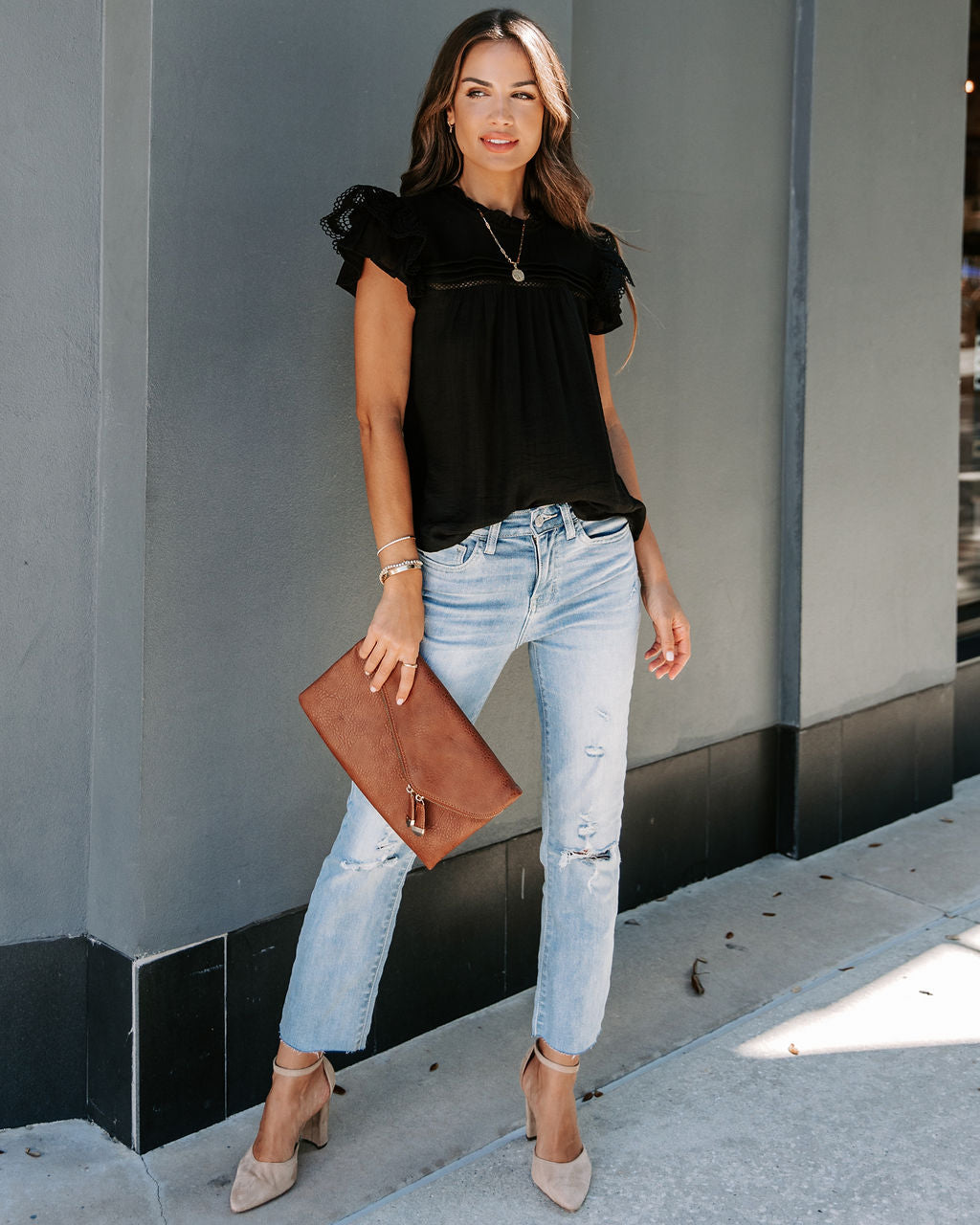 Meadow Crochet Ruffle Sleeve Top - Black