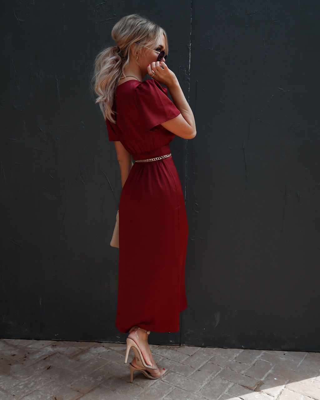 Anngie Satin Slit Midi Dress - Wine