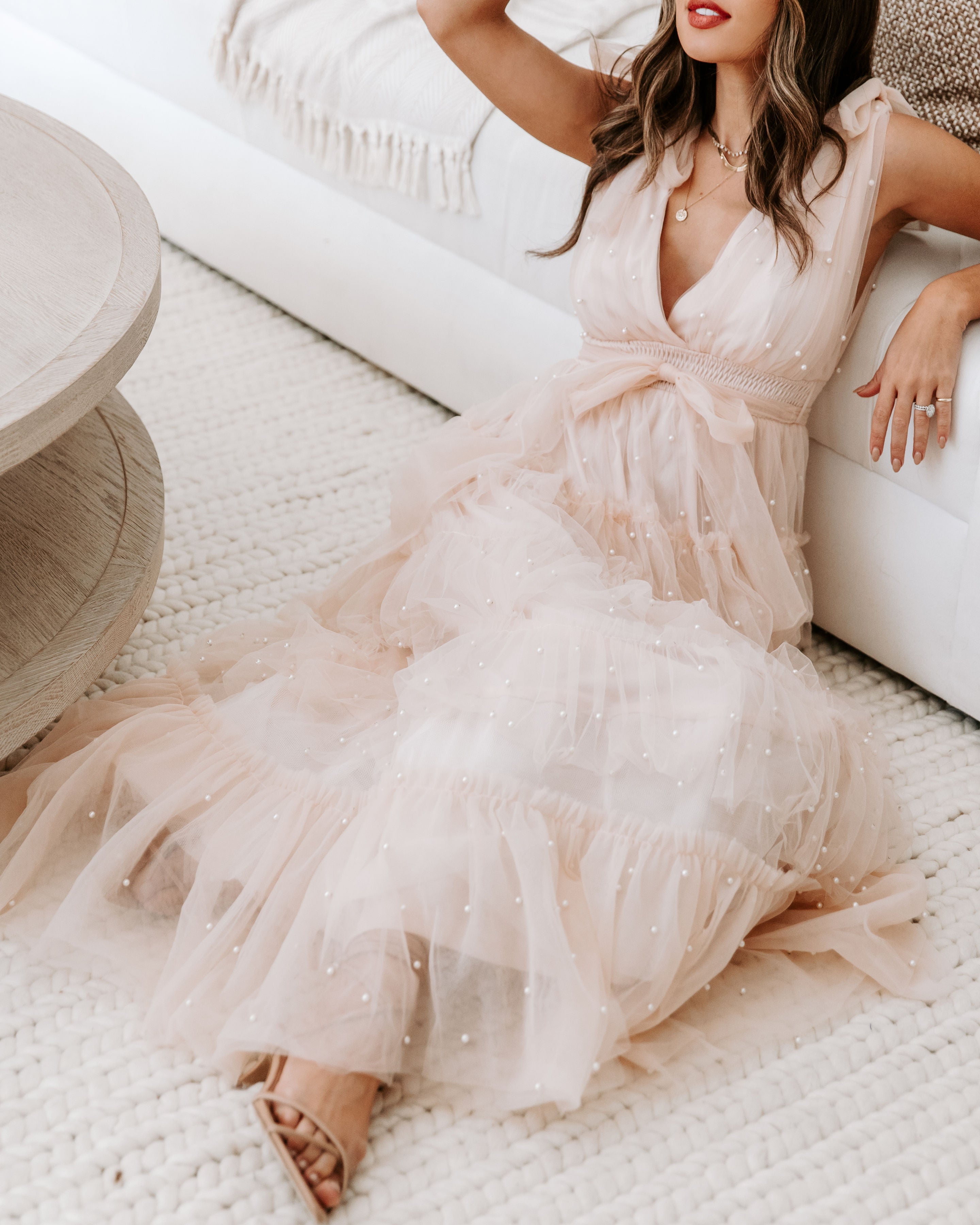 Under The Eiffel Tower Tulle Pearl Tiered Maxi Dress - Blush