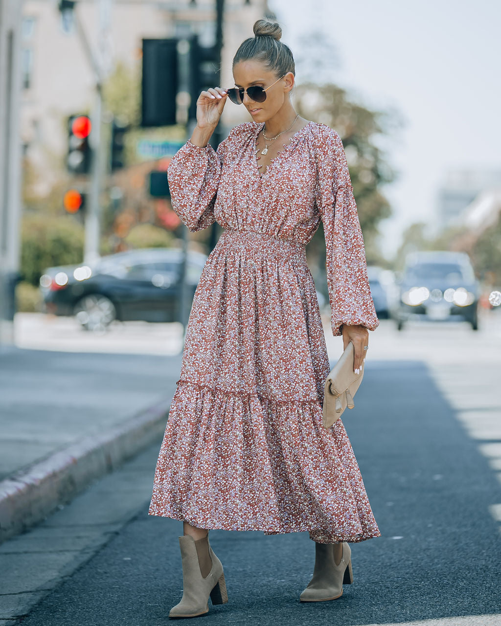 Autumn Flower Fields Smocked Ruffle Midi Dress