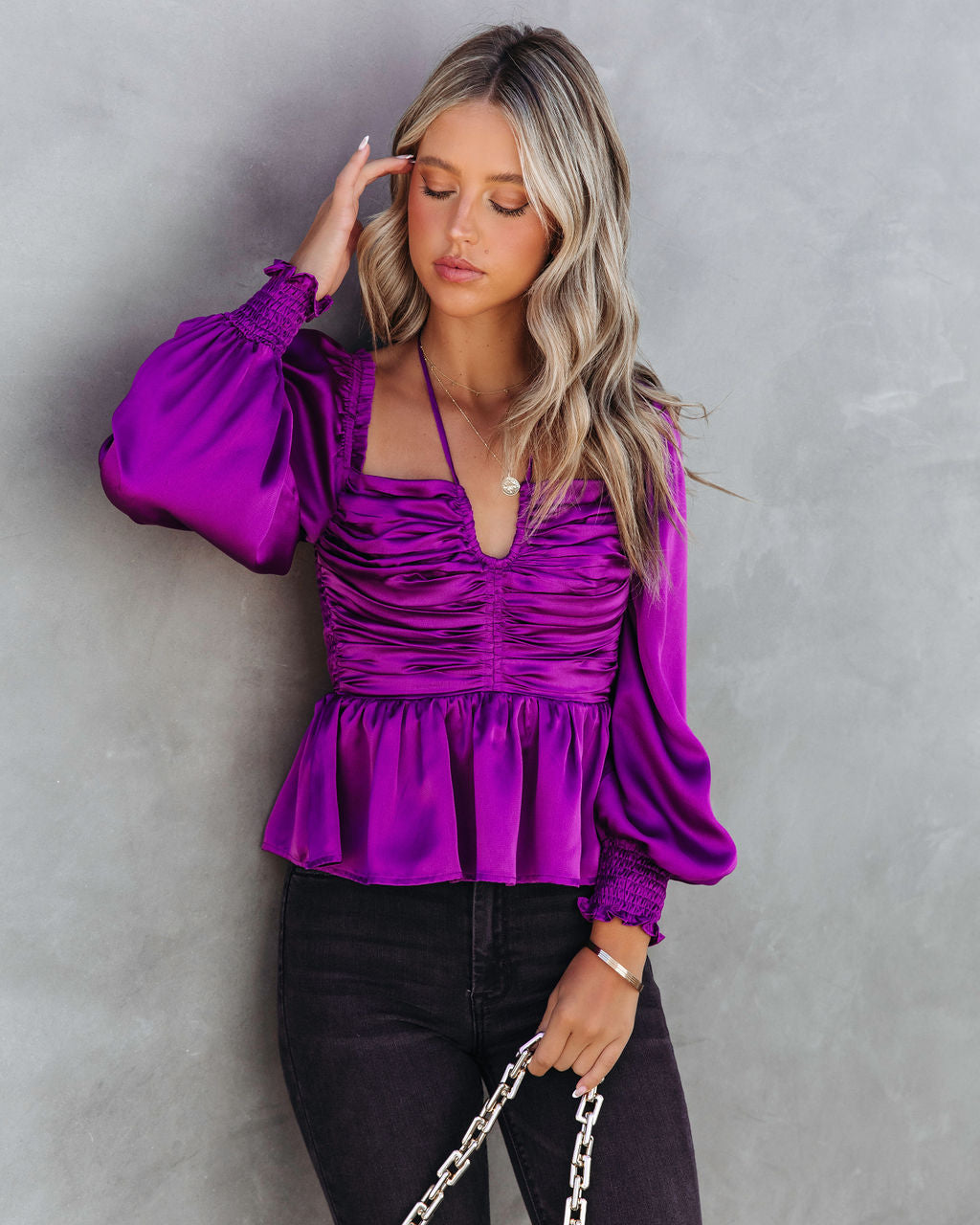 Skylynn Satin Ruched Top - Purple
