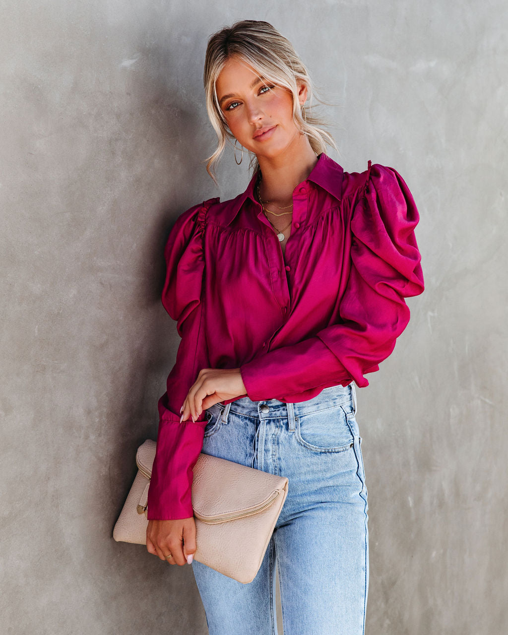 Southern Belle Puff Sleeve Button Down Top - Rose - SALE