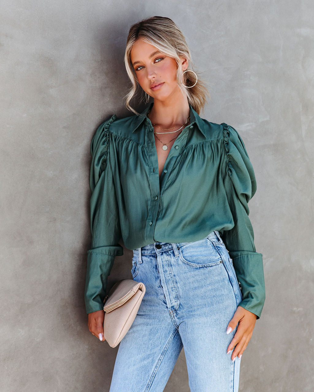 Southern Belle Puff Sleeve Button Down Top - Pine