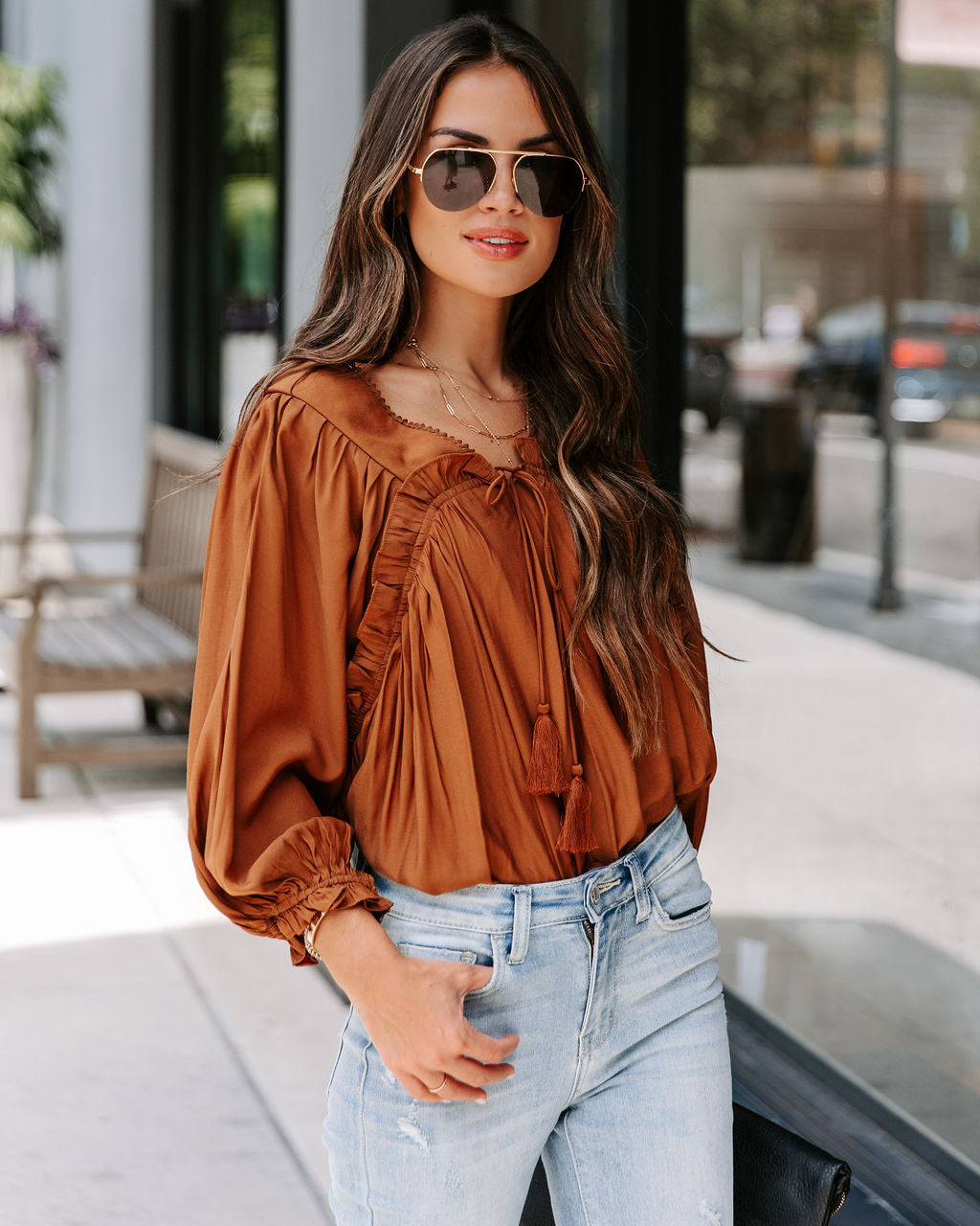 Arrow Ruffle Tassel Tie Top - Cinnamon - SALE