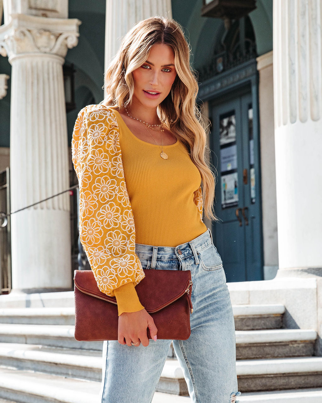 Sunshine Daisies Embroidered Knit Top - Mustard