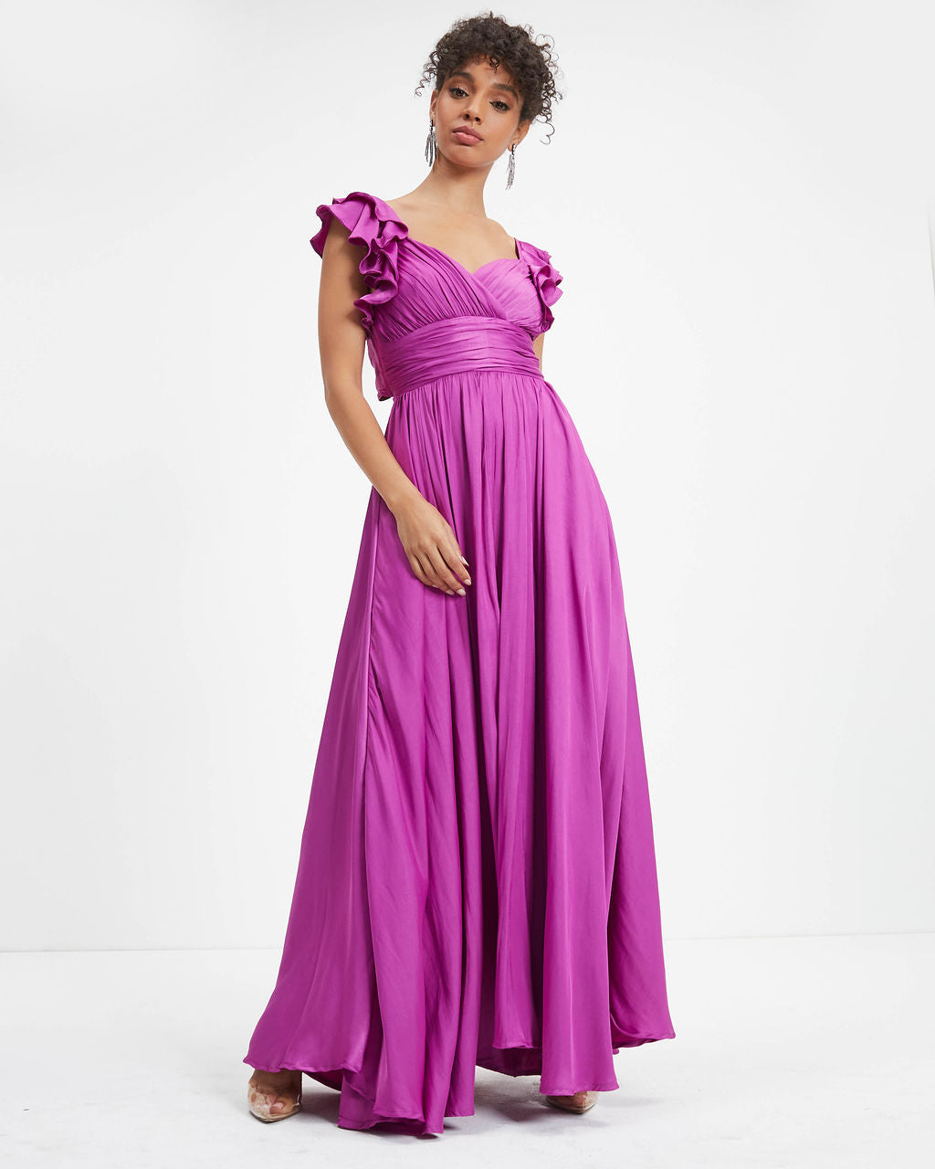 First Class Satin Ruffle Cutout Maxi Dress - Orchid - FINAL SALE