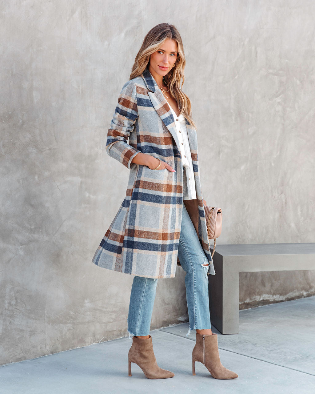 Brisk Rain Strolls Pocketed Plaid Coat