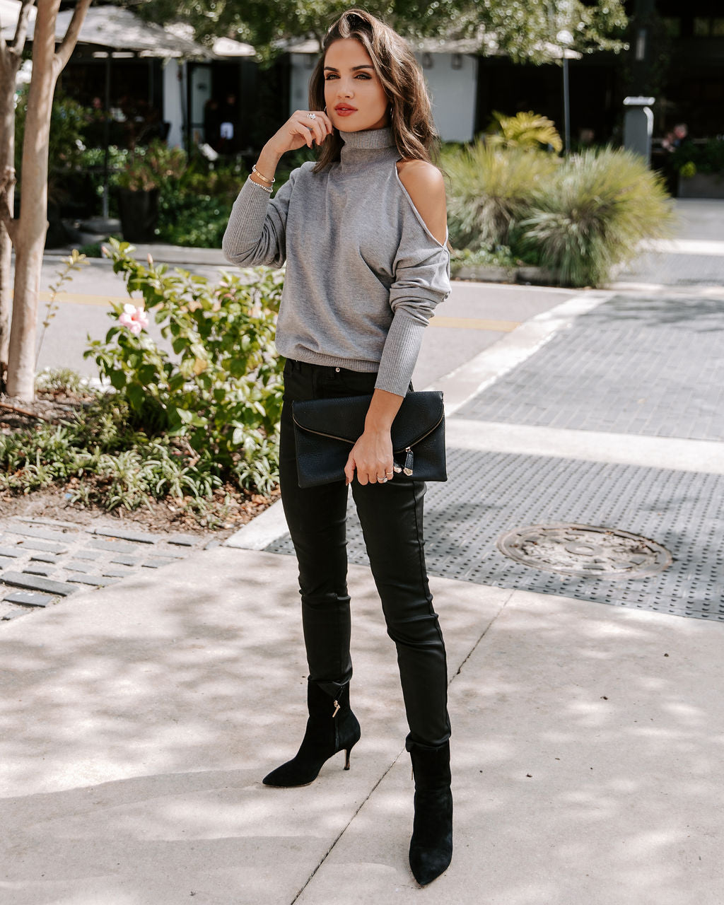 Take It Slow Knit Turtleneck Cold Shoulder Pullover Sweater - Grey