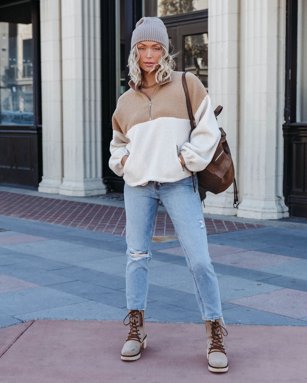 Discovering The World Sherpa Pocketed Half Zip Pullover Sweater - Ivory