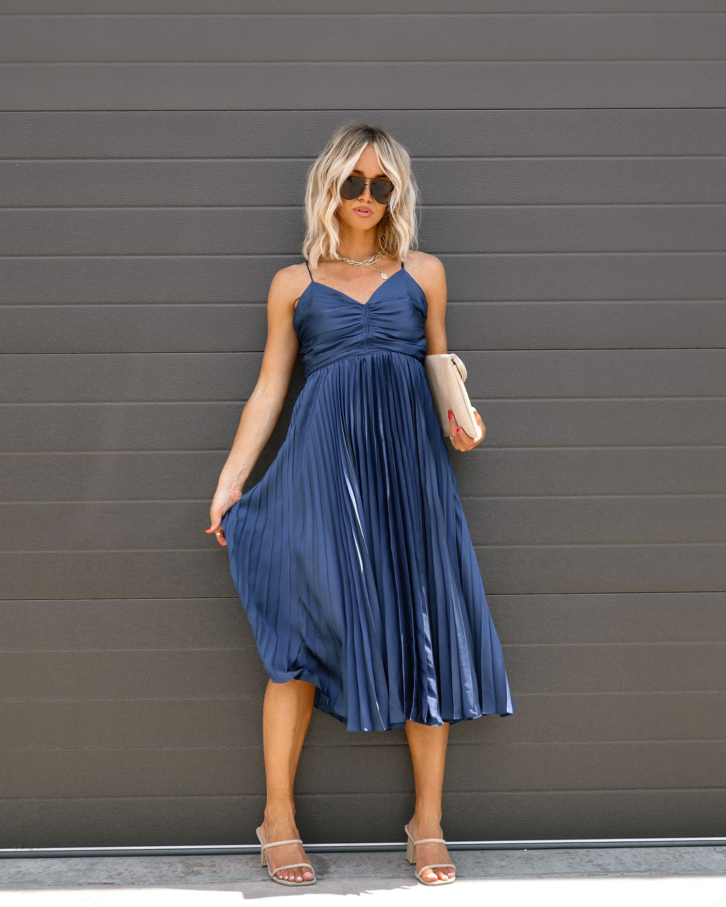 Classic Bombshell Satin Pleated Midi Dress - Midnight Blue