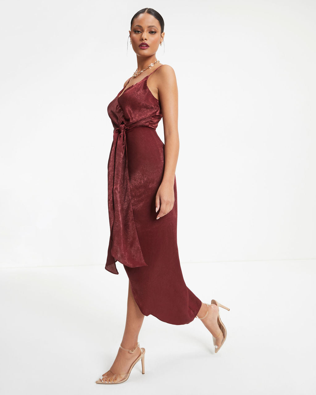 Token Of Gratitude Satin Midi Tie Dress - Wine